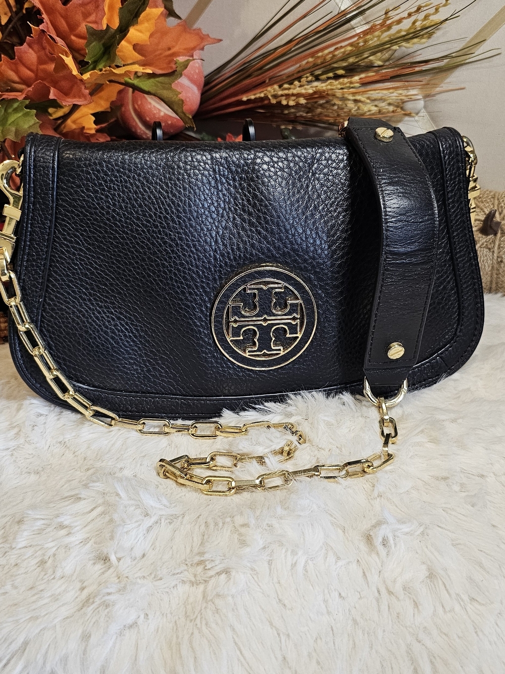 Tory Burch Black Pebbled Leather Crossbody with Gold Logo